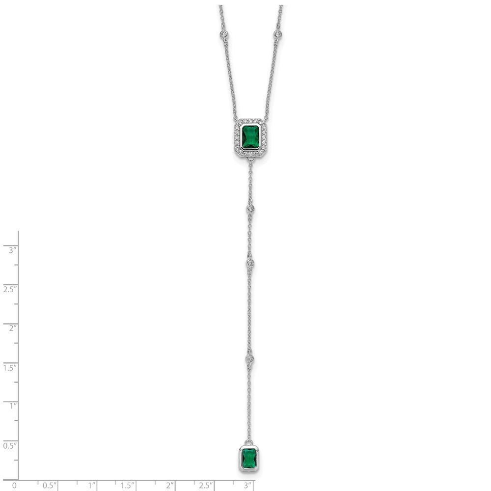 925 Sterling Silver RH-plated Polished Fancy Green Glass and CZ Lariat Necklace - Picture 5 of 5